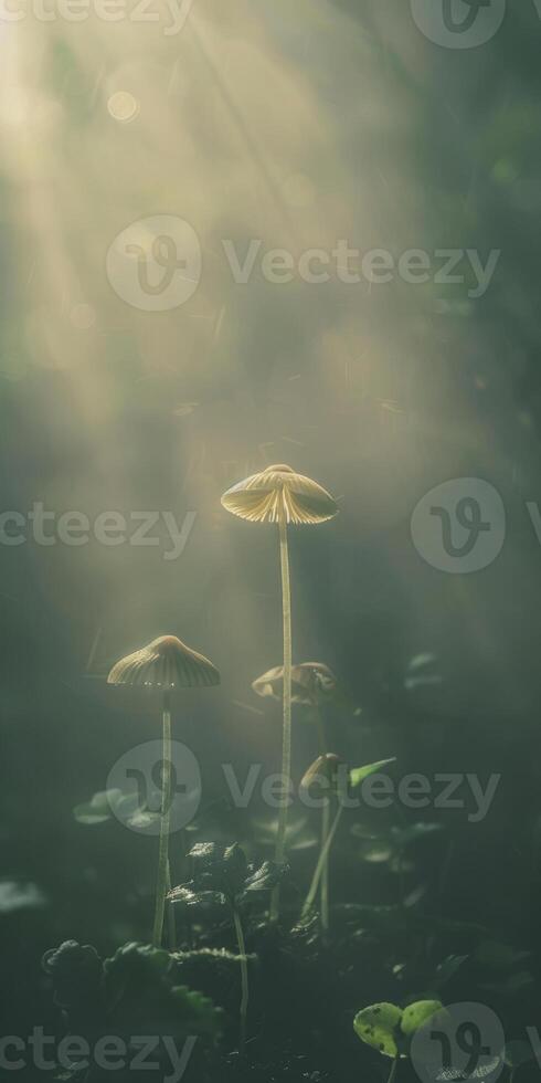Mystical forest mushrooms illuminated by sunlight in a serene woodland setting photo
