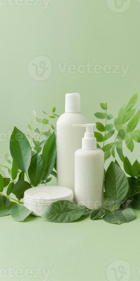 White cosmetic bottles with pump and lid surrounded by green leaves on soft green background photo