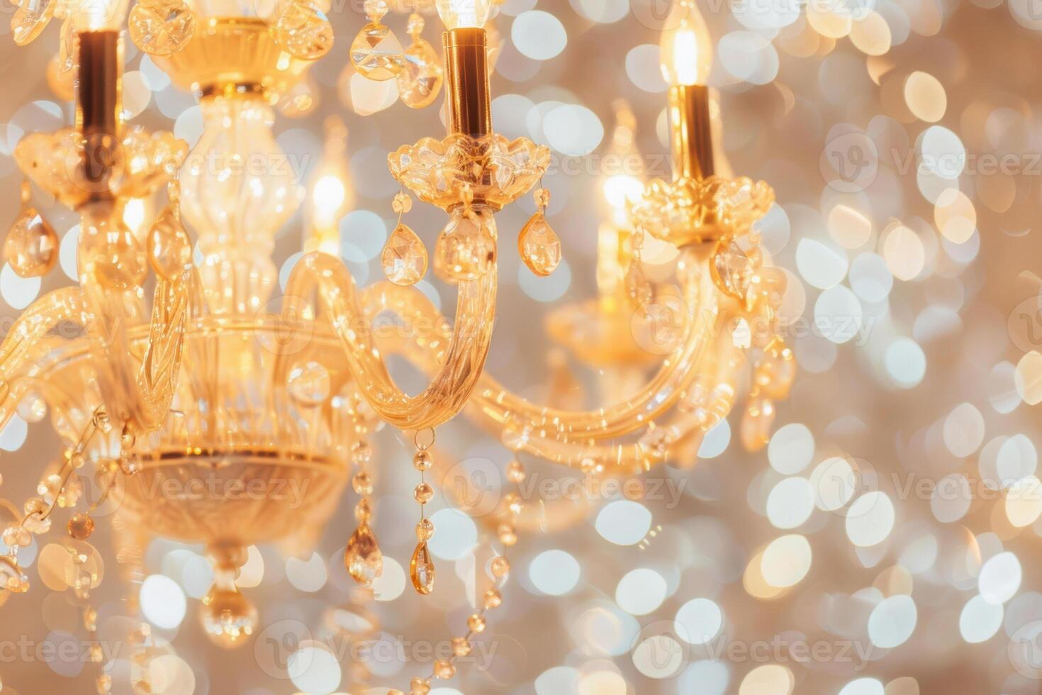 Elegant crystal chandelier with warm lighting and sparkling bokeh background photo