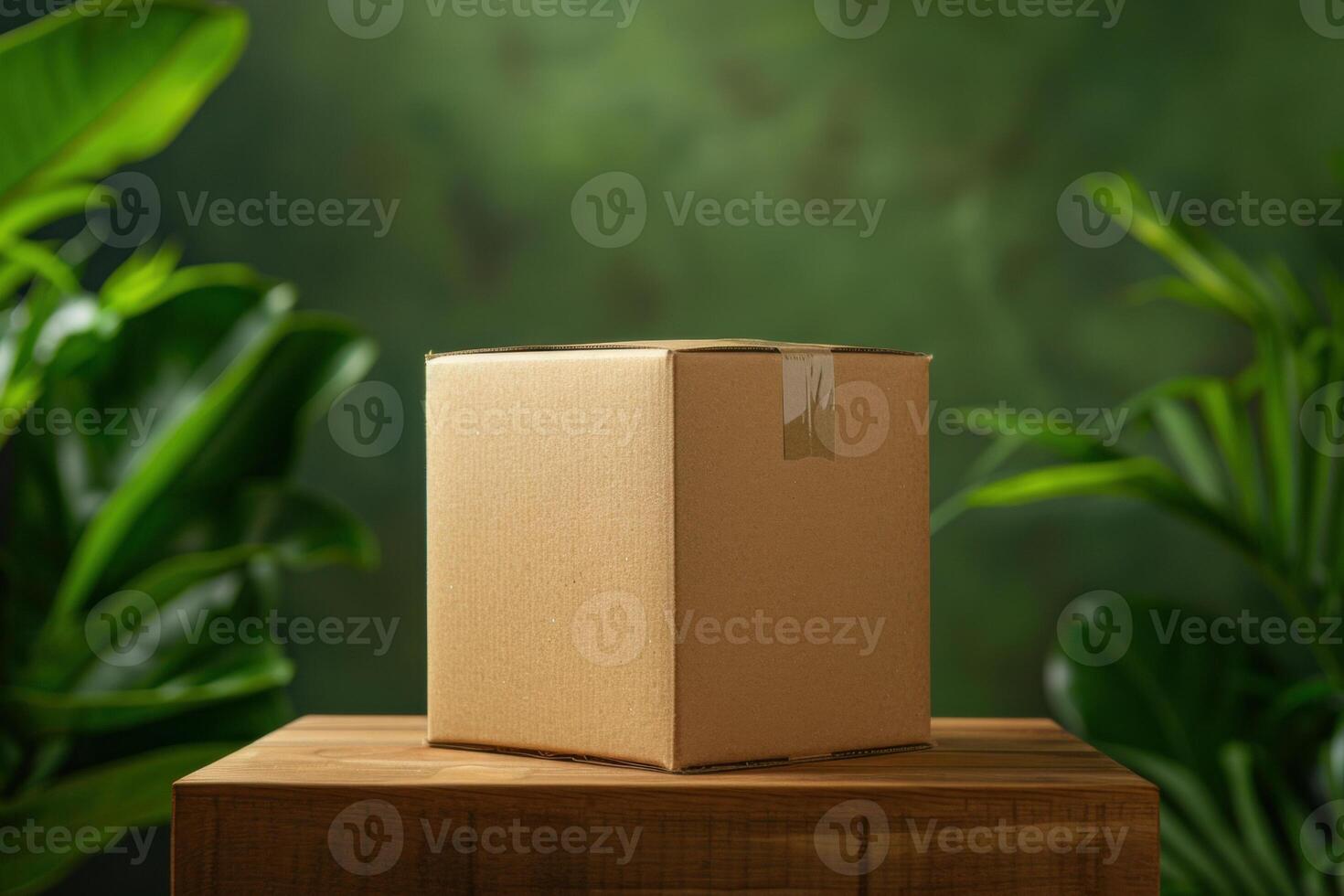 Cardboard Box on Wooden Table Surrounded by Lush Green Foliage in a Studio Setting photo