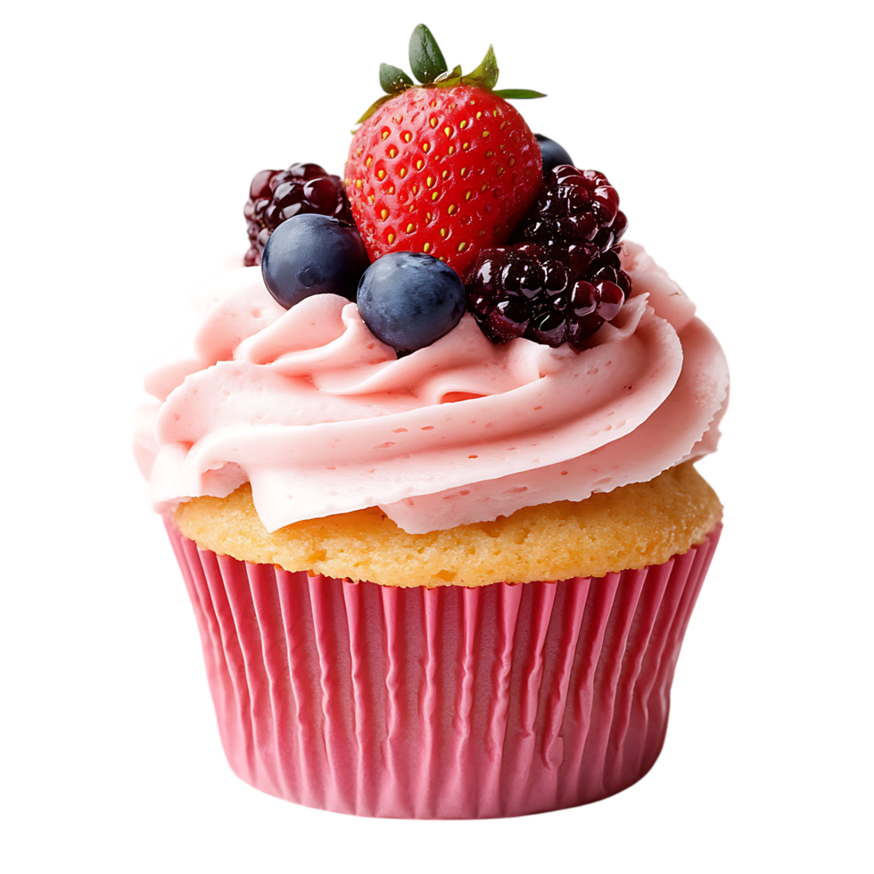 Decadent Vanilla Cupcake Topped with Strawberry Frosting and Berries png