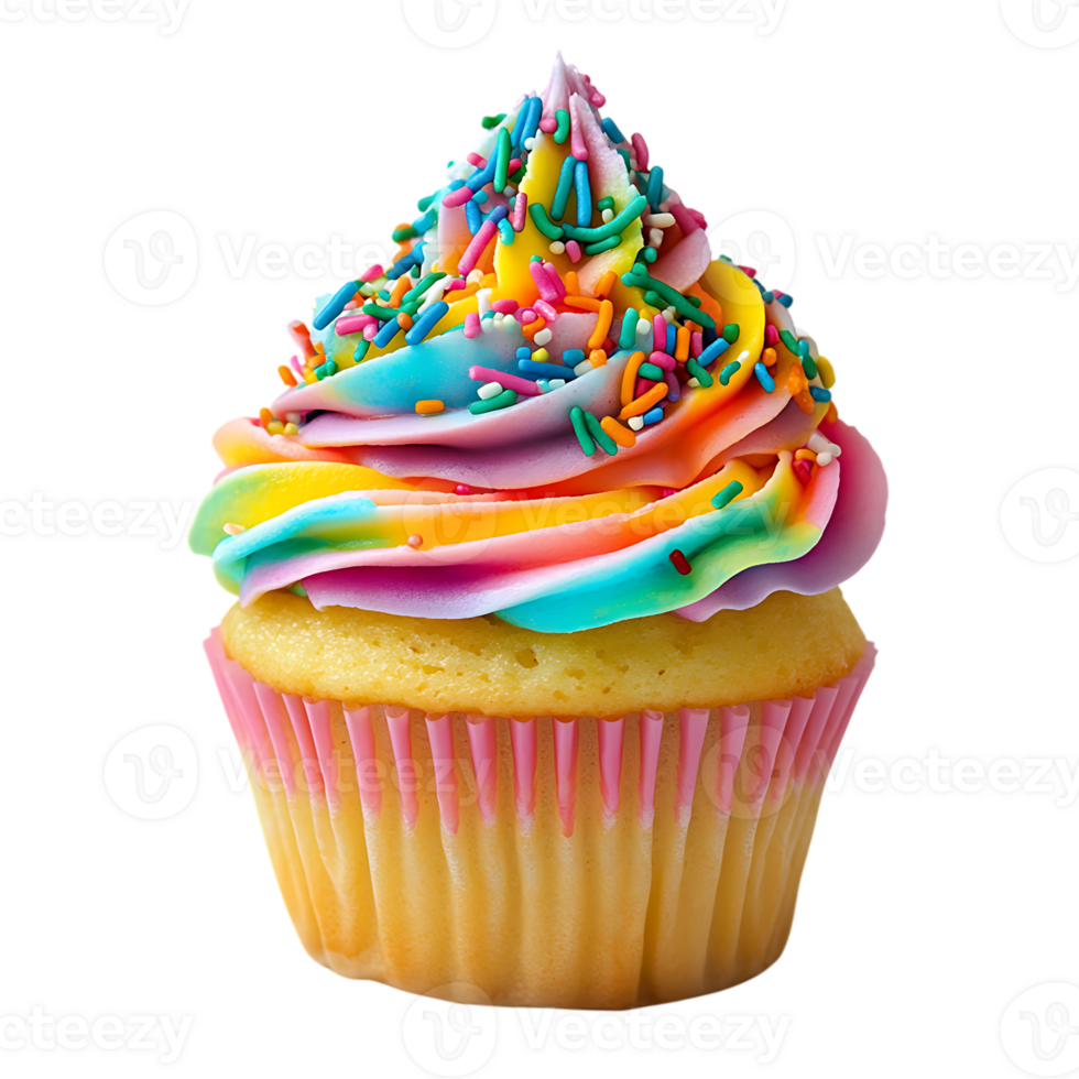 Delicious Cupcake with Rainbow Frosting and Sprinkles on Transparent Background png