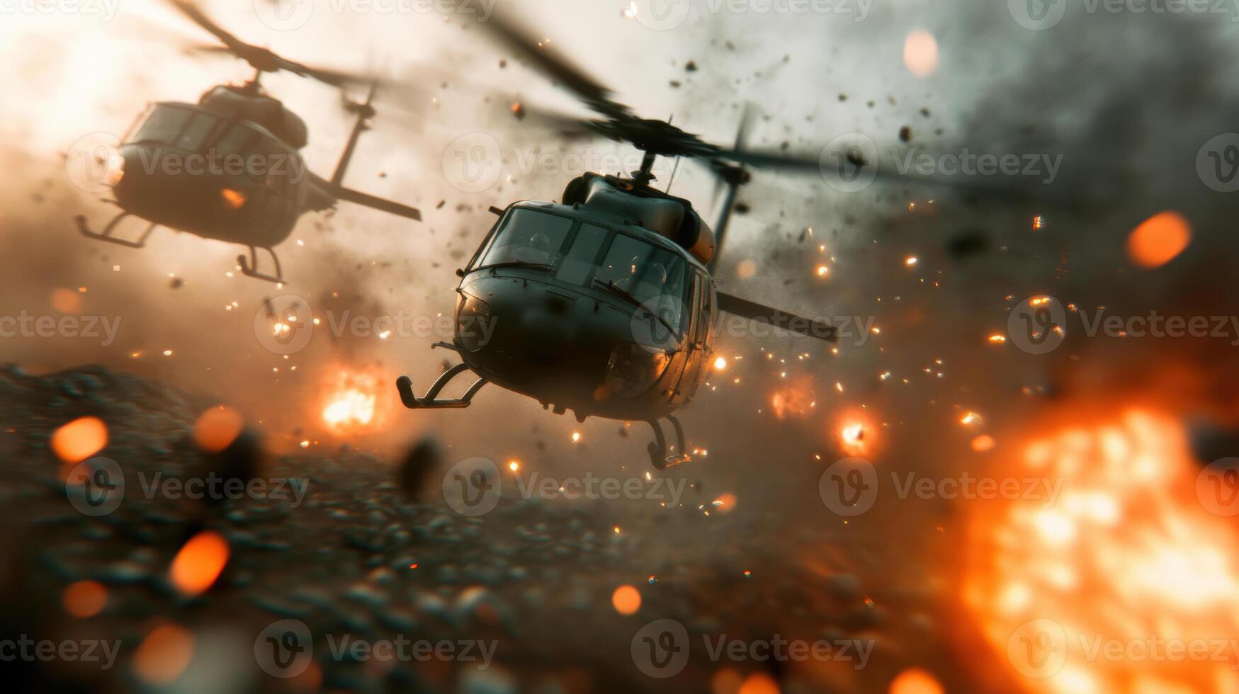 Intense Military Helicopter Action amidst Fiery Explosions and Smoke photo
