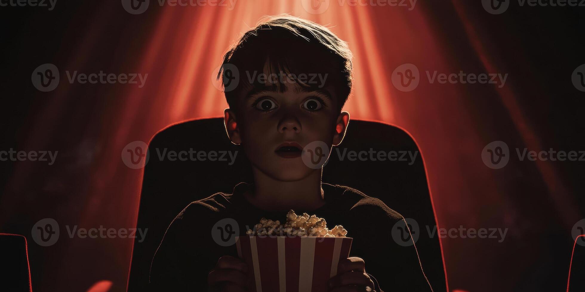 Boy Watching Movie Alone in Suspenseful Cinema Ambience photo