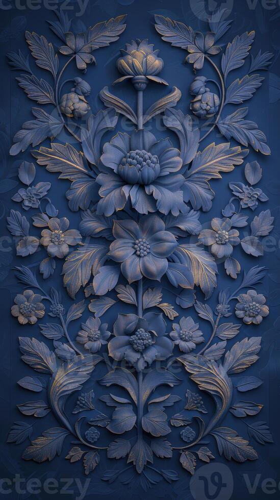 Elegant floral pattern in blue with intricate raised detailing and symmetrical design photo