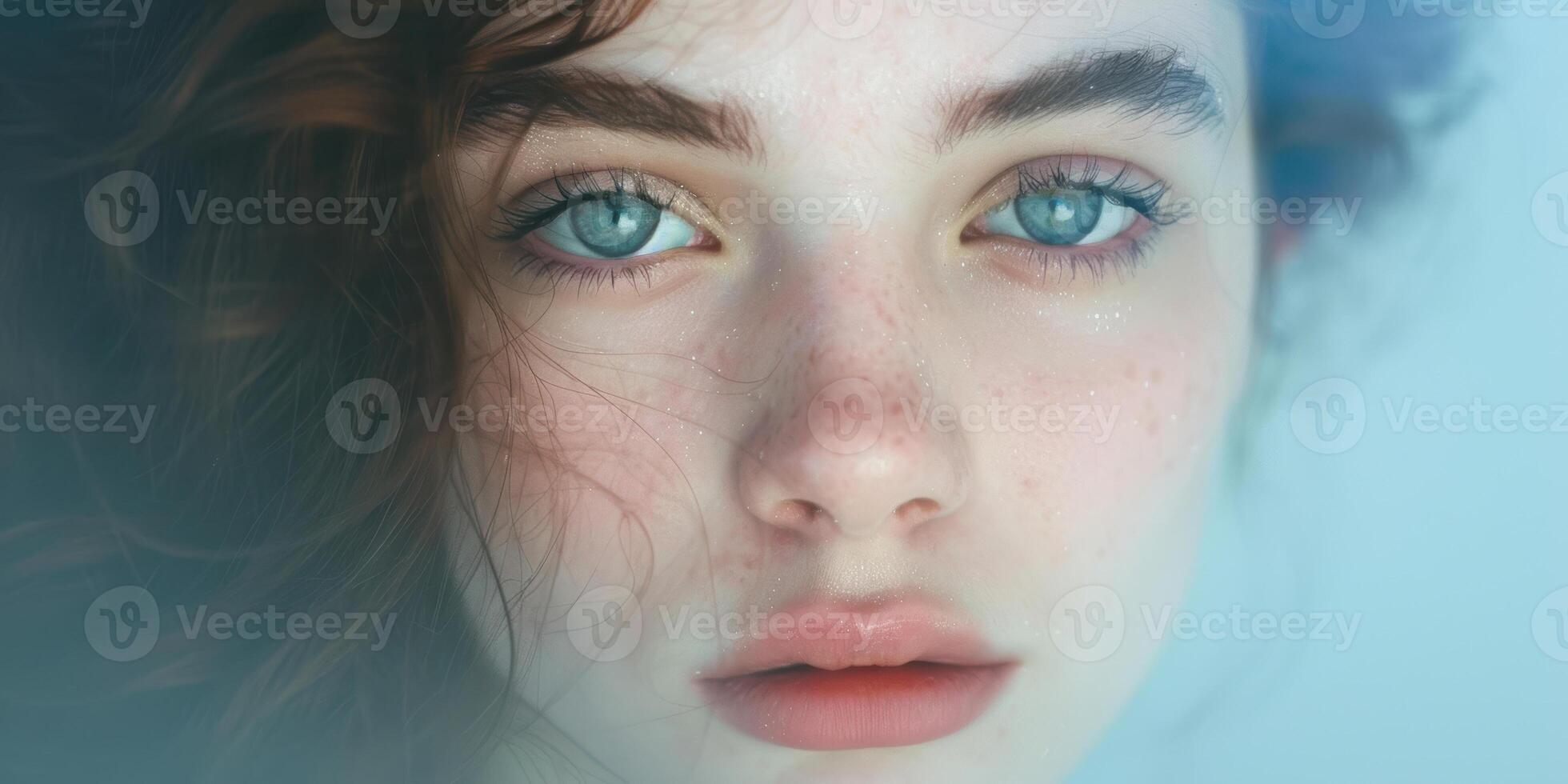 Young caucasian woman with freckles and blue eyes staring intently photo