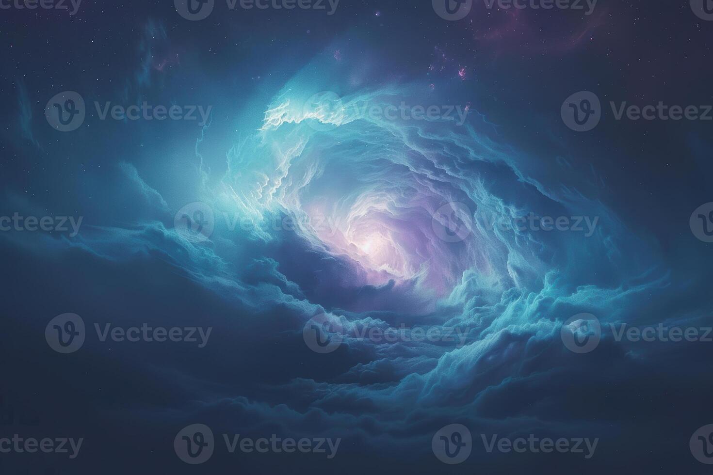 Surreal celestial vortex of luminescent clouds in the night sky photo