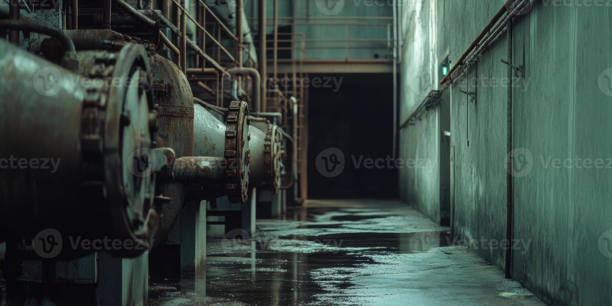 A dark, damp, and dirty industrial space with pipes and a door photo