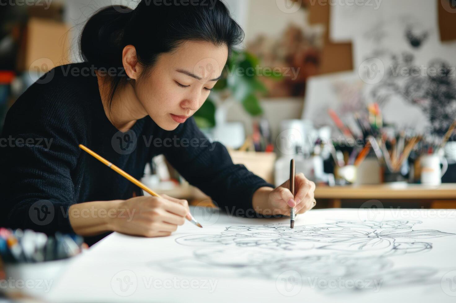 Focused Artist Sketching in Creative Studio Environment photo