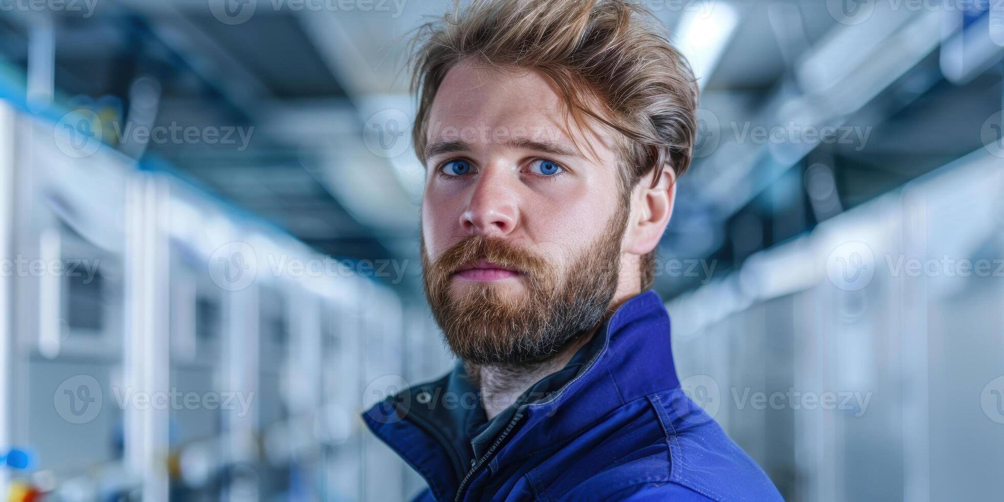 Young caucasian man in industrial setting with a pensive expression wearing a navy jacket photo