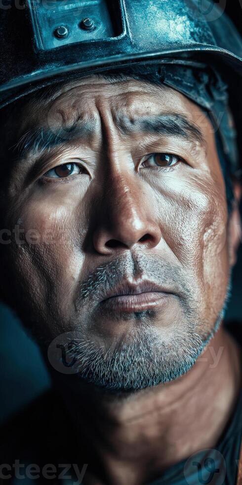 Portrait of a Thoughtful Worker in Protective Gear with Intense Focus and Determination photo