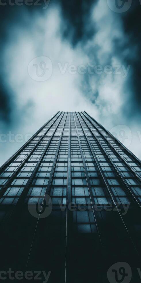 Dramatic Skyscraper POV Against Stormy Sky Capturing Modern Urban Architecture photo