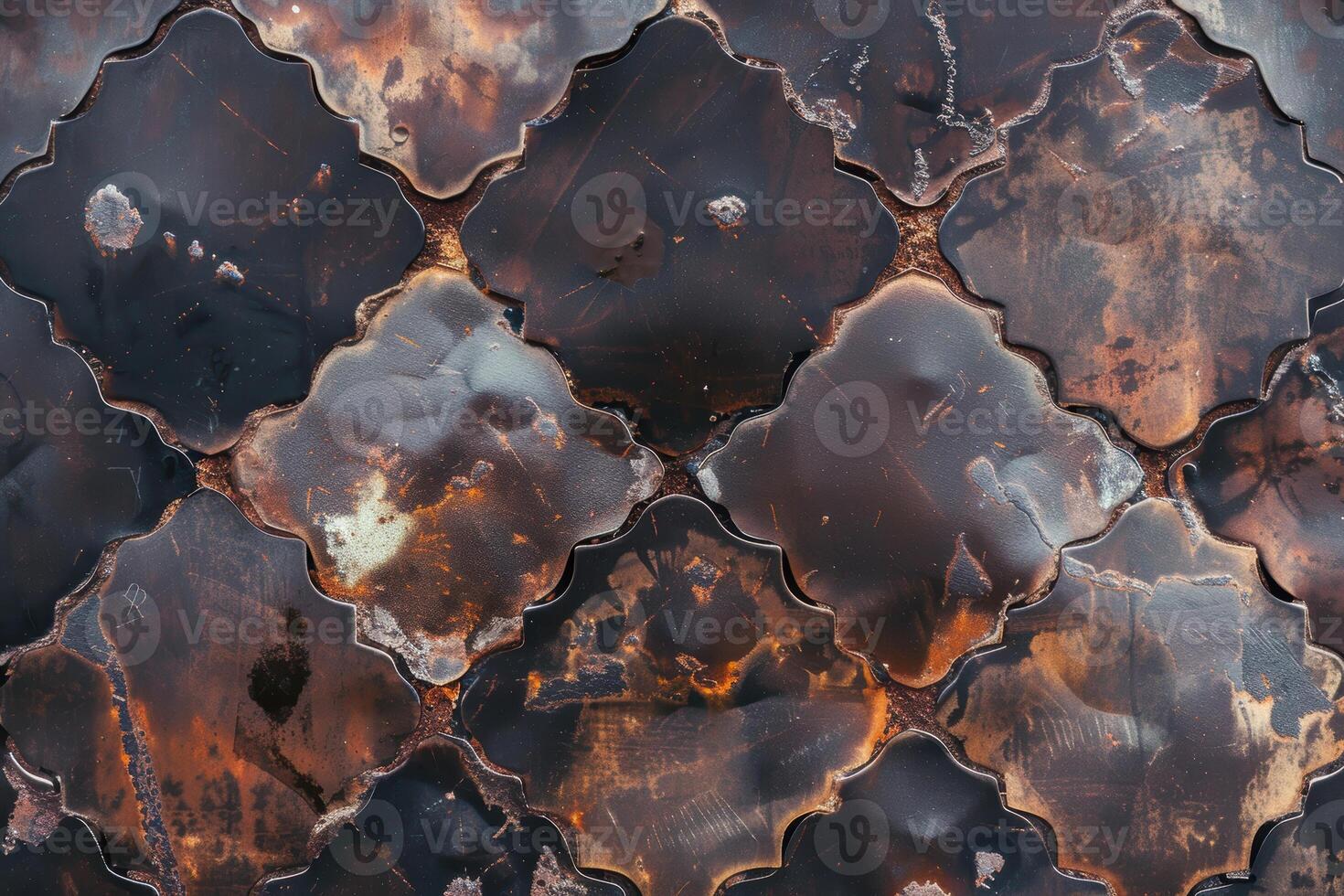 Abstract pattern of weathered and rusted metal tiles with geometric shapes photo