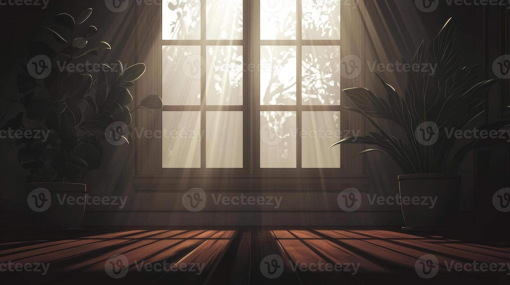 Serene Sunlight Streaming Through Window with Indoor Plants Illuminating Wooden Floor photo