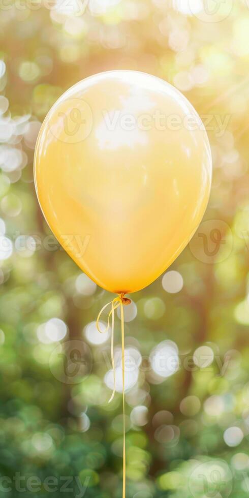 Yellow balloon floating in sunny garden with greenery and soft bokeh background photo