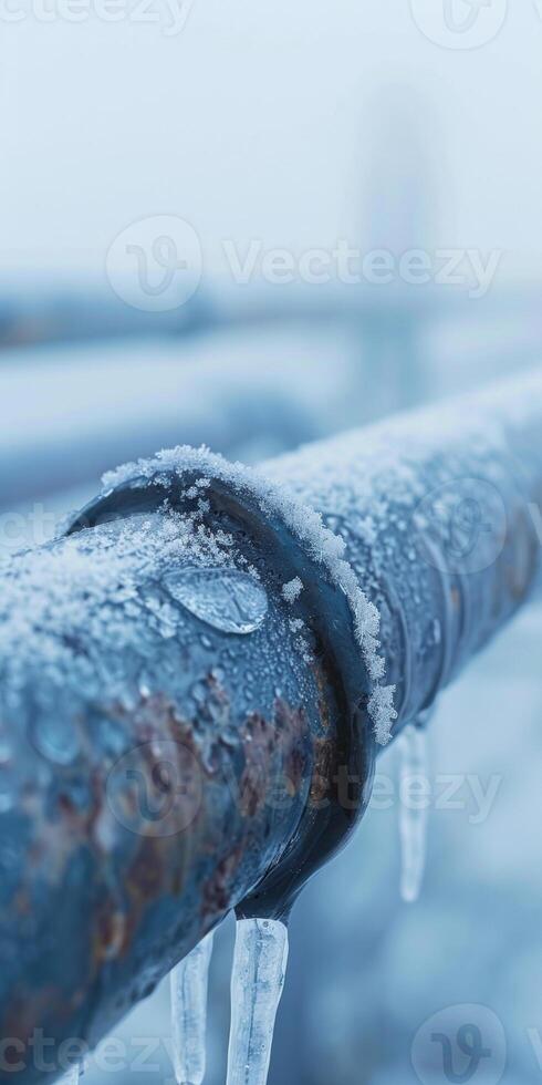 Frozen Industrial Pipeline with Icicles in a Winter Landscape photo