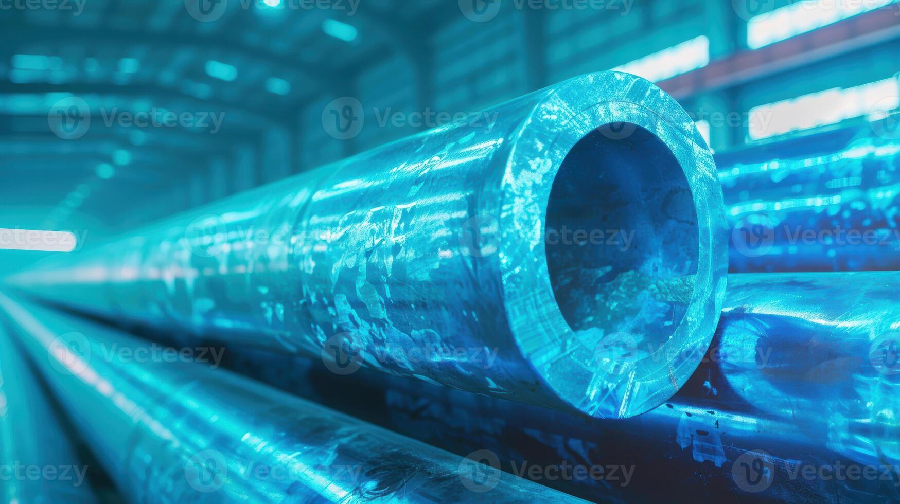 Industrial steel pipes in warehouse with blue lighting reflecting metallic surface photo