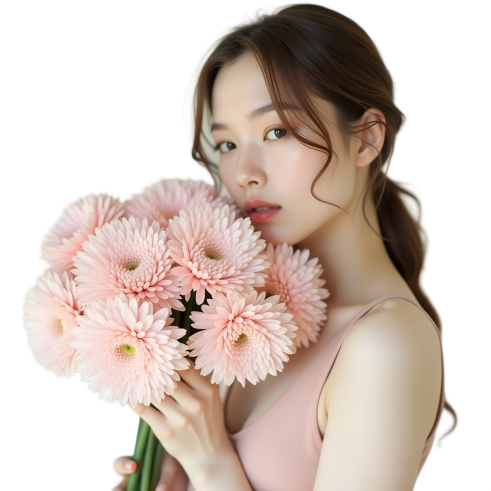 Beautiful Young Woman with a Bouquet of Soft Pink Flowers Perfect for Branding Marketing png