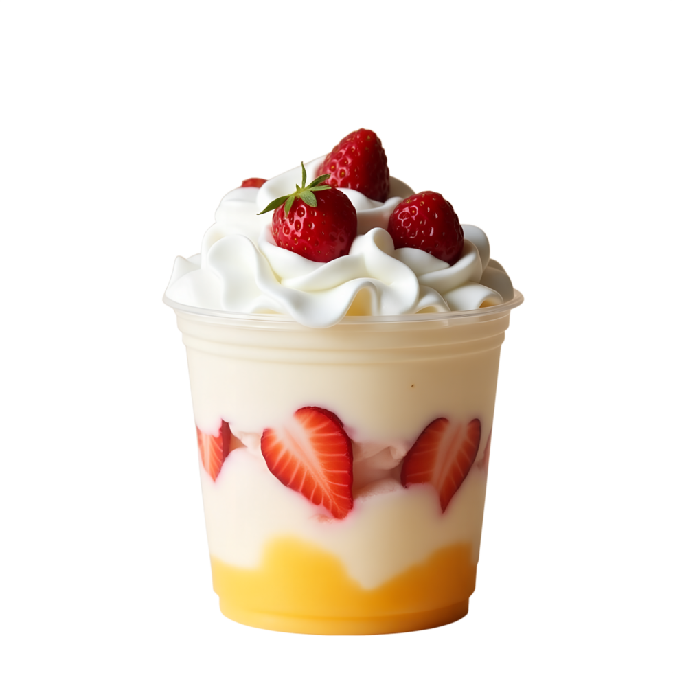 Layered Strawberry Dessert in Clear Cup Perfect for Food Blog Menus png