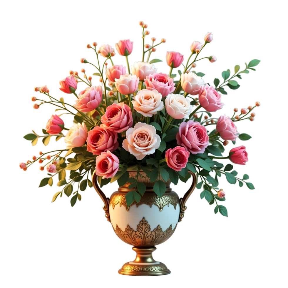 Romantic Pink and Peach Roses in Antique Vase Perfect Wall Art png