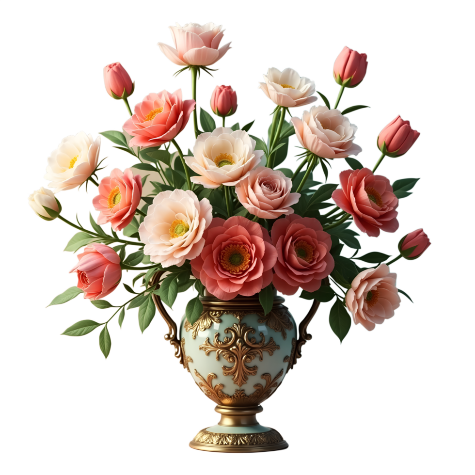 Elegant Vintage Floral Vase Stunning Rose Peony Arrangement png
