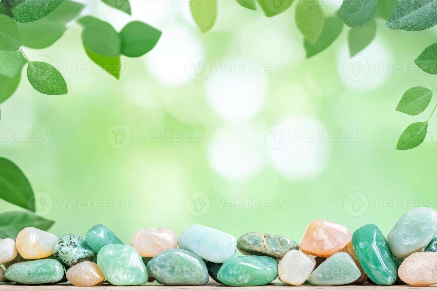 Colorful Gemstones on Natural Leafy Background with Soft Bokeh photo