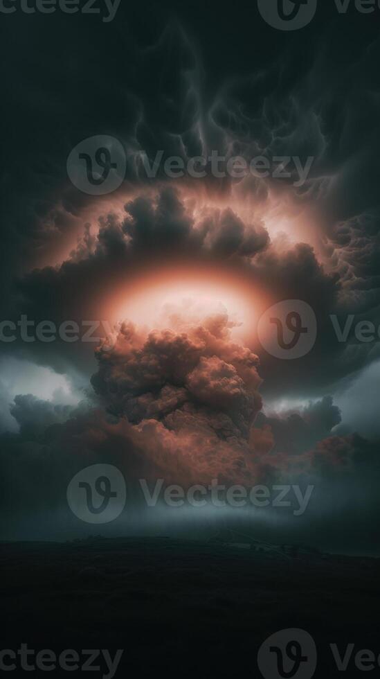 Dramatic thunderstorm with illuminated clouds and lightning at dusk over dark landscape photo