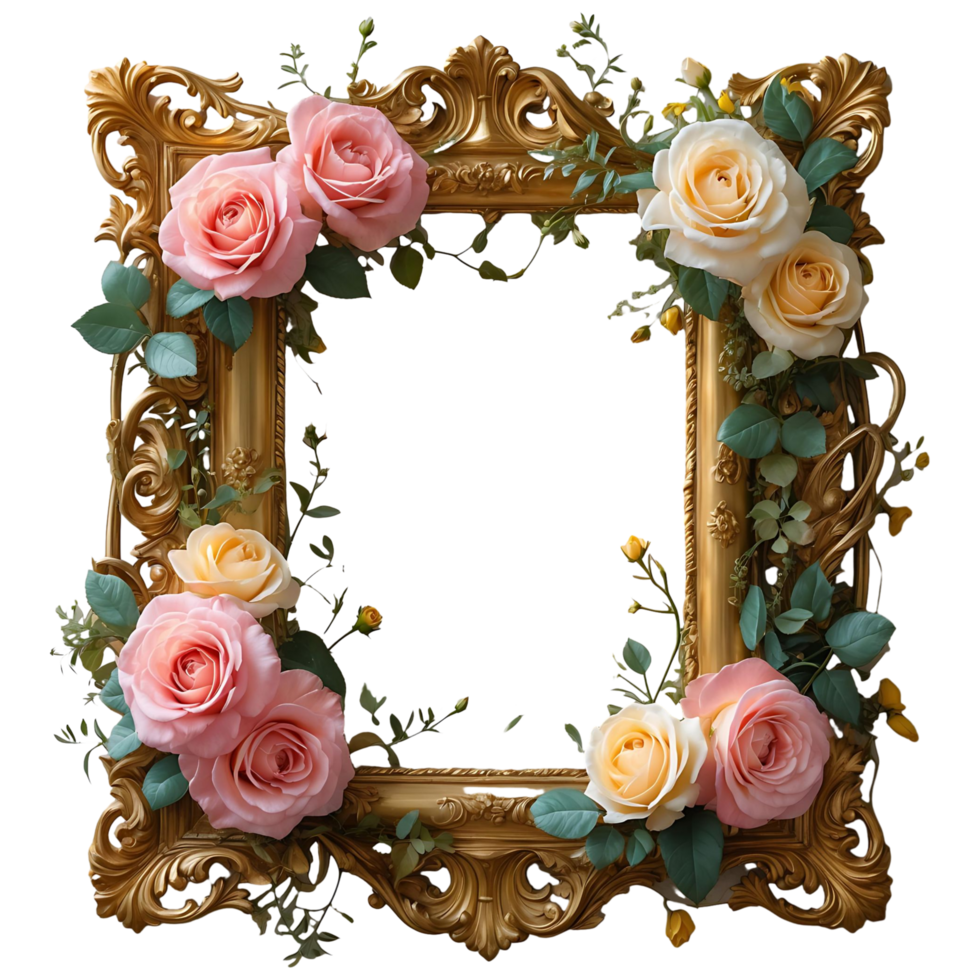 Victorian Style Golden Frame with Flowers High Quality png