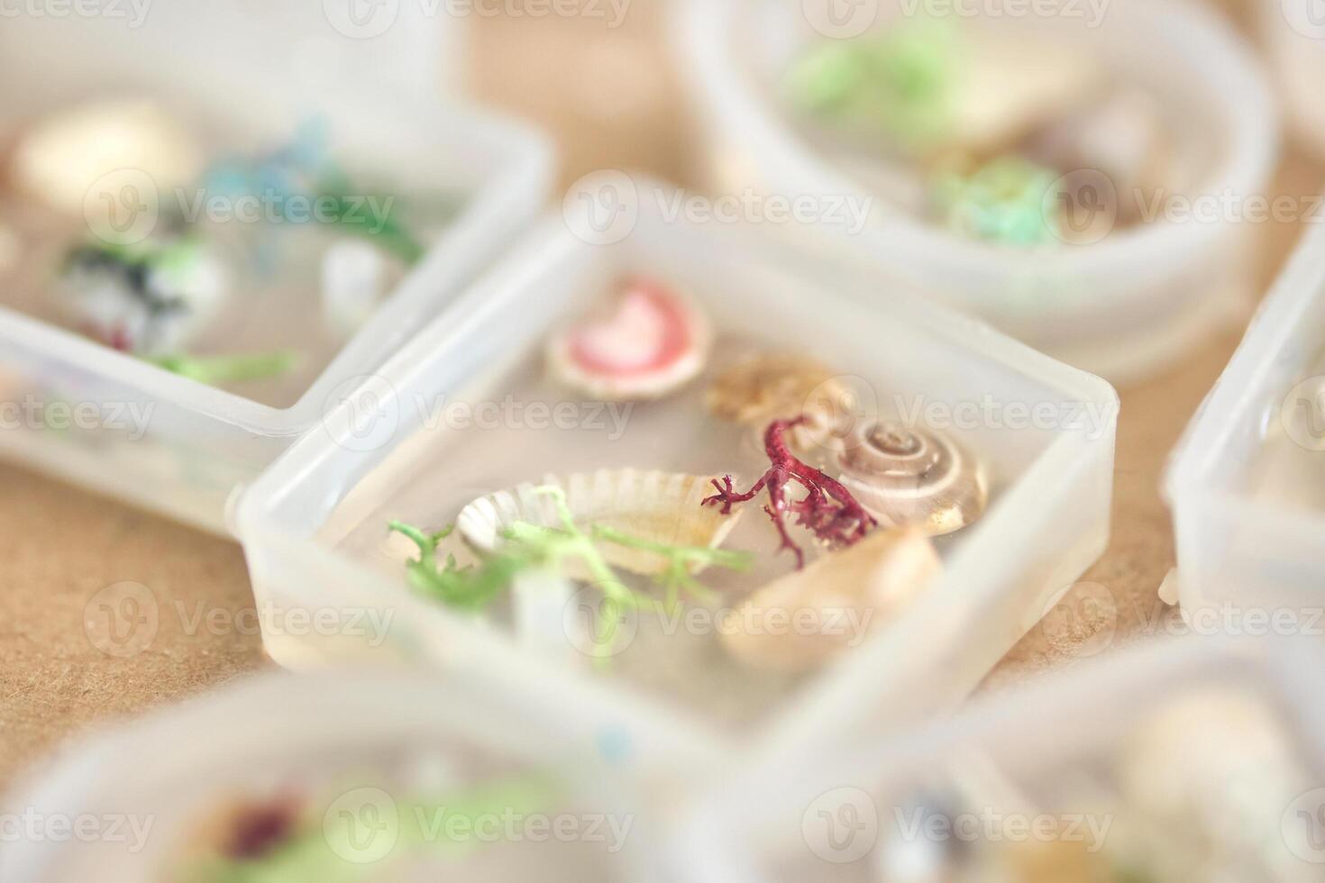 Close up of decorative resin casts with seashells and colorful elements in square molds. photo