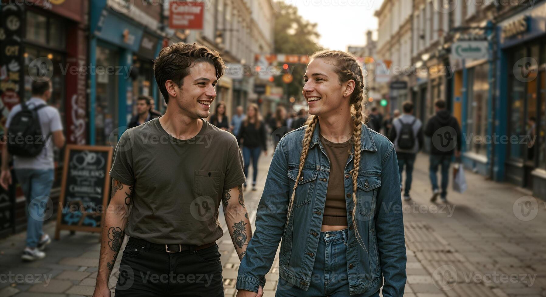 A Transgender Couple Walking Hand in Hand in a Lively Cityscape, Love and Identity, LGBTQ relationship photo