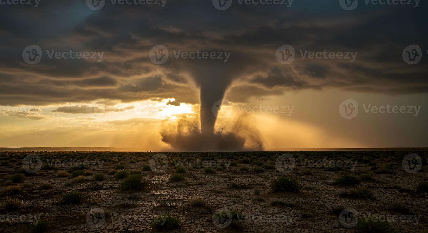 Intense Tornado Forming Over a Vast Arid Terrain With a Dramatic Sky photo