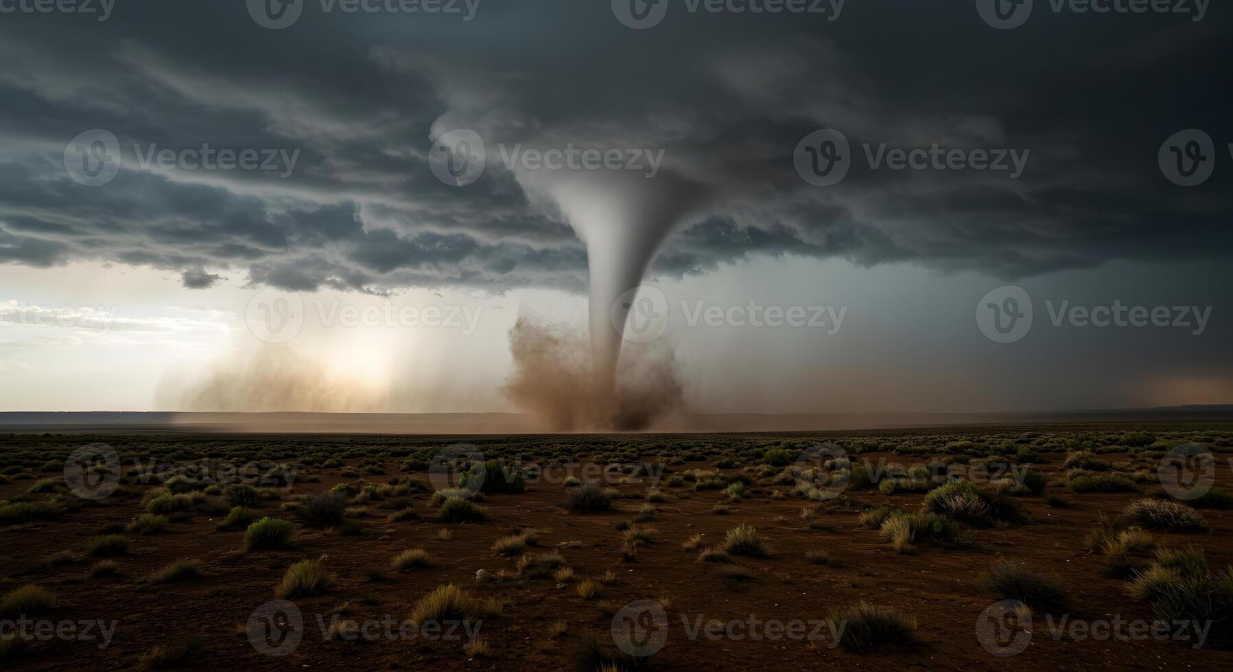 Massive Tornado Touching Down Over a Desert Landscape at Sunset photo
