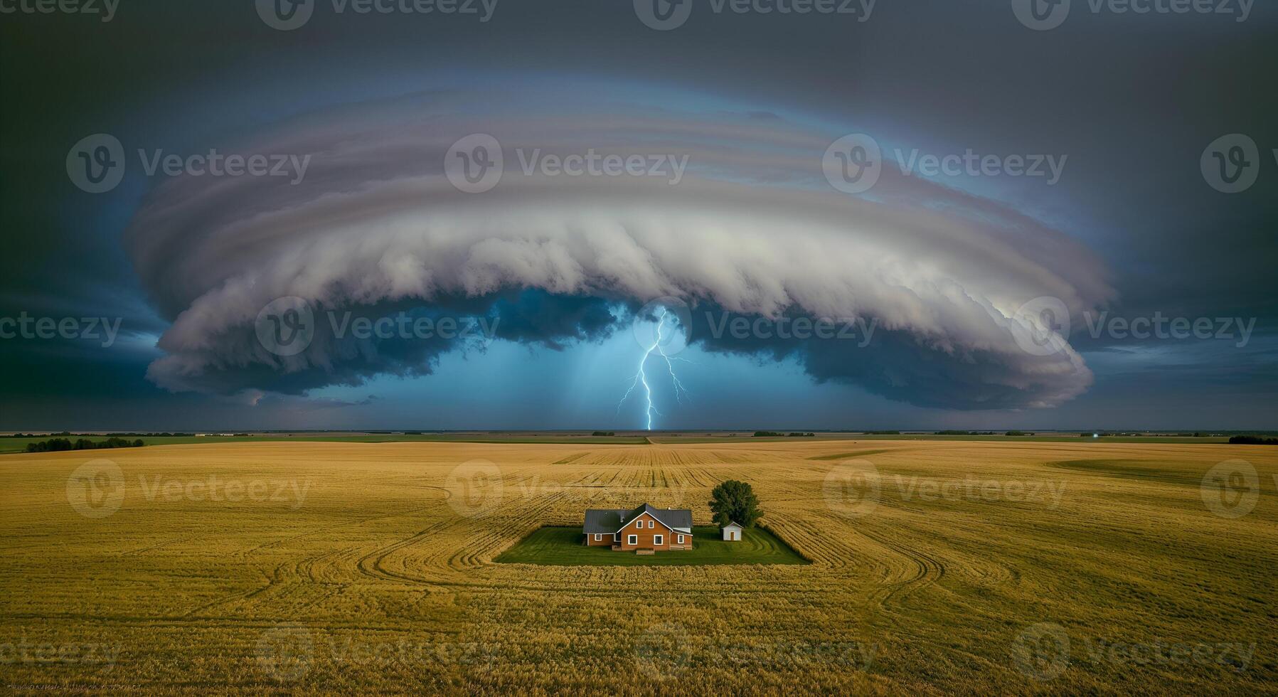 Aerial View of a Rural Home Beneath a Massive Rotating Storm System photo