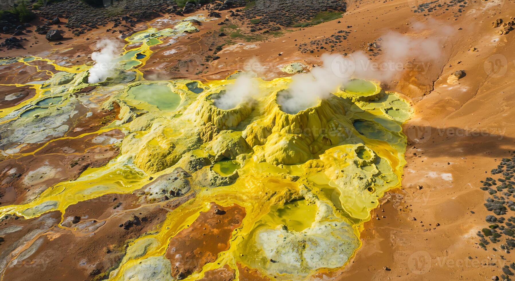 Aerial View of Vibrant Sulfuric Formations and Steaming Hot Springs photo