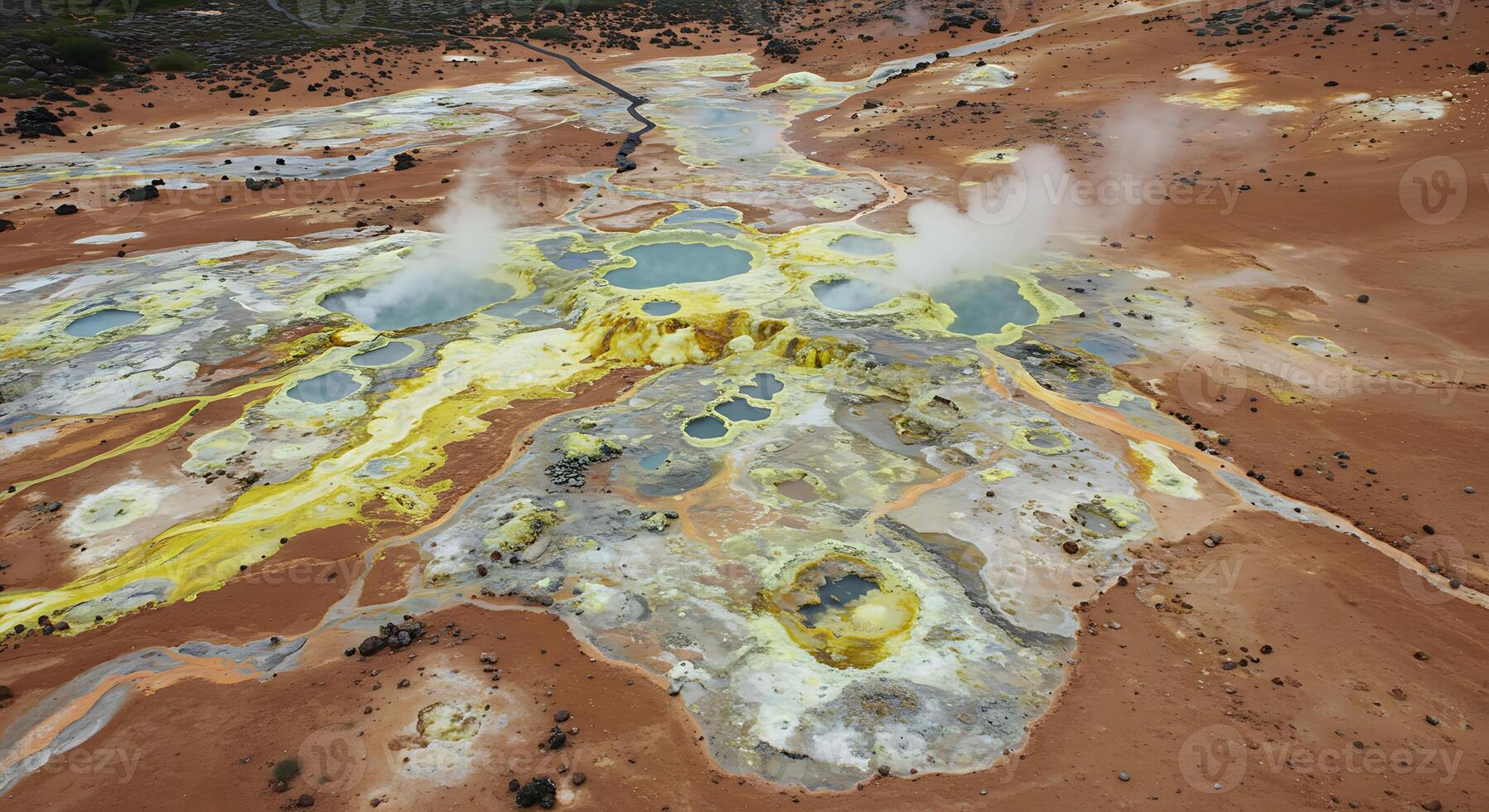 Alien-Like Terrain of Sulfur Deposits and Geothermal Vents Releasing Steam photo