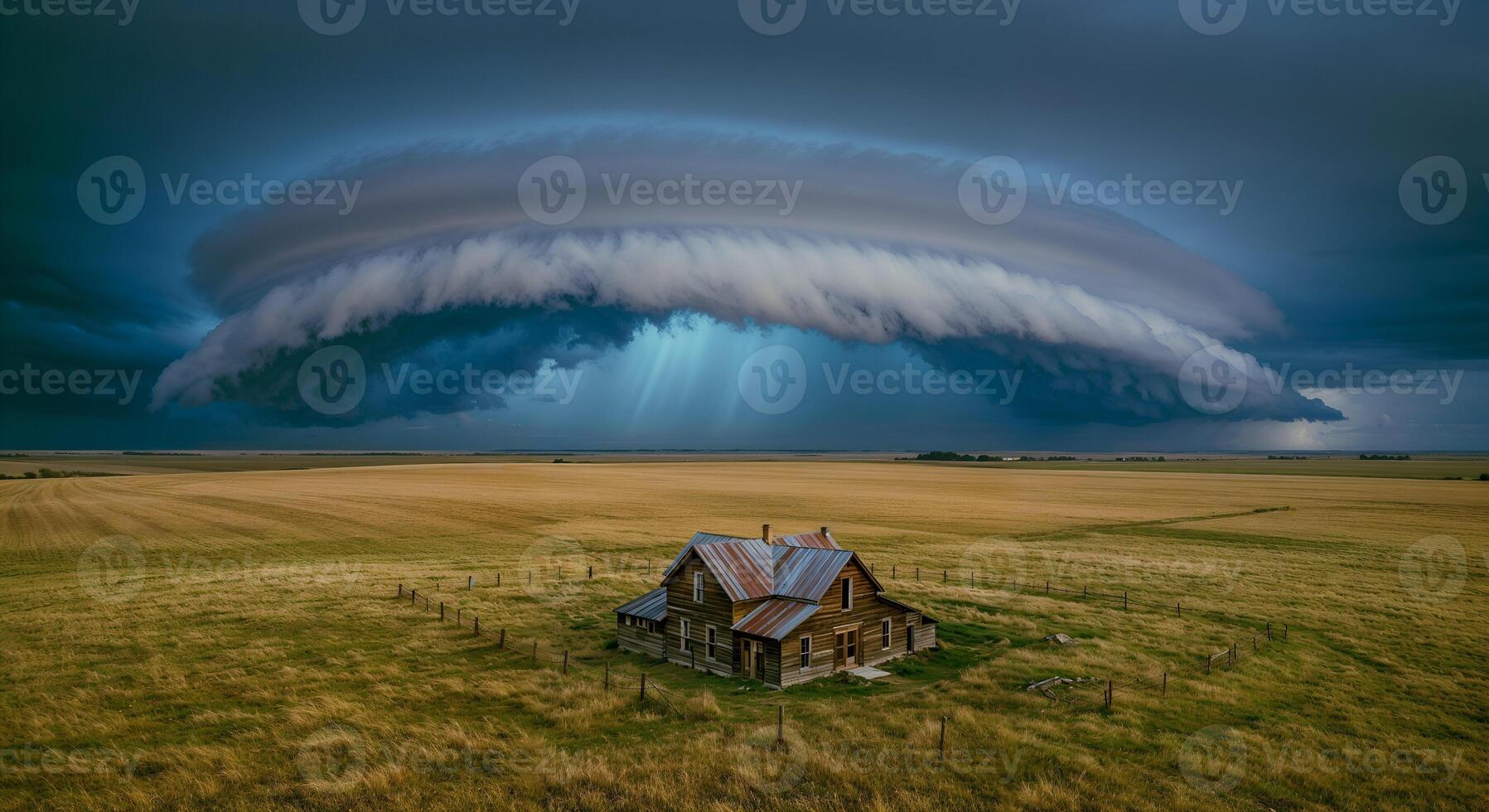 Dramatic Supercell Storm with Lightning Approaching a Solitary House in the Countryside photo