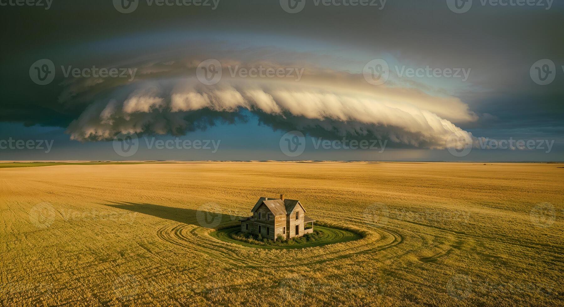 Intense Thunderstorm Over an Isolated Homestead in the Middle of an Open Landscape photo