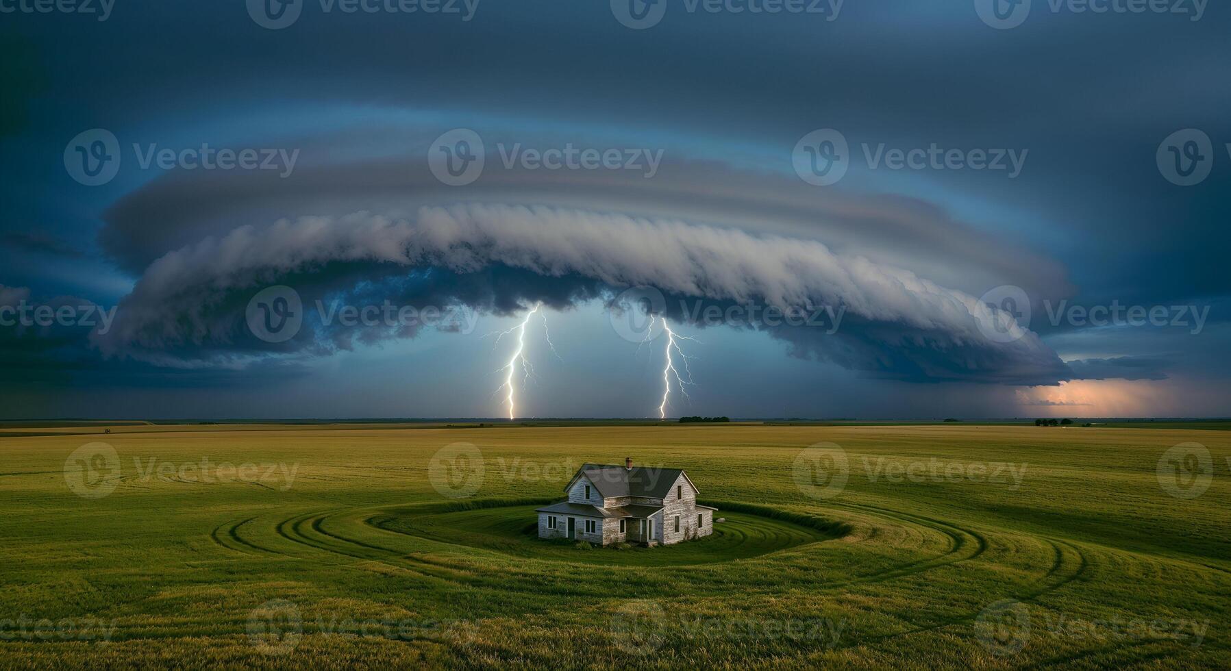 Supercell Thunderstorm Looming Over a Isolated Farmhouse in a Vast Wheat Field photo