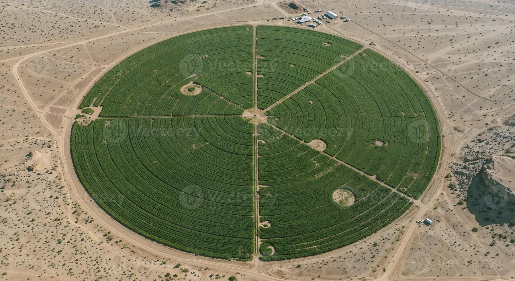 Aerial View of a Futuristic Circular Farm Thriving in the Desert, Sustainable Agriculture, Extreme Conditions, Green Revolution photo