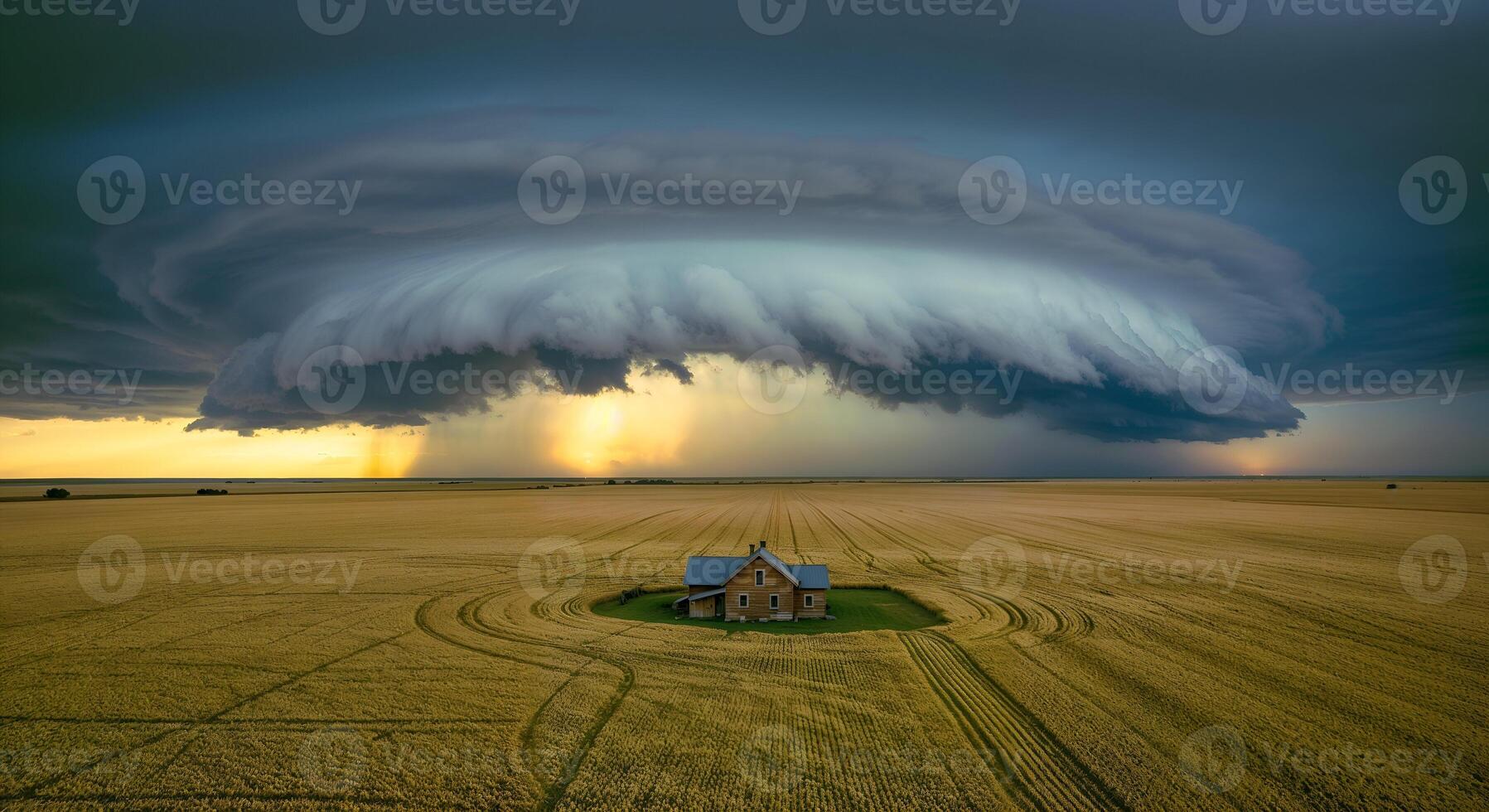 Powerful Thunderstorm Engulfing a Lone House in the Middle of an Endless Field photo