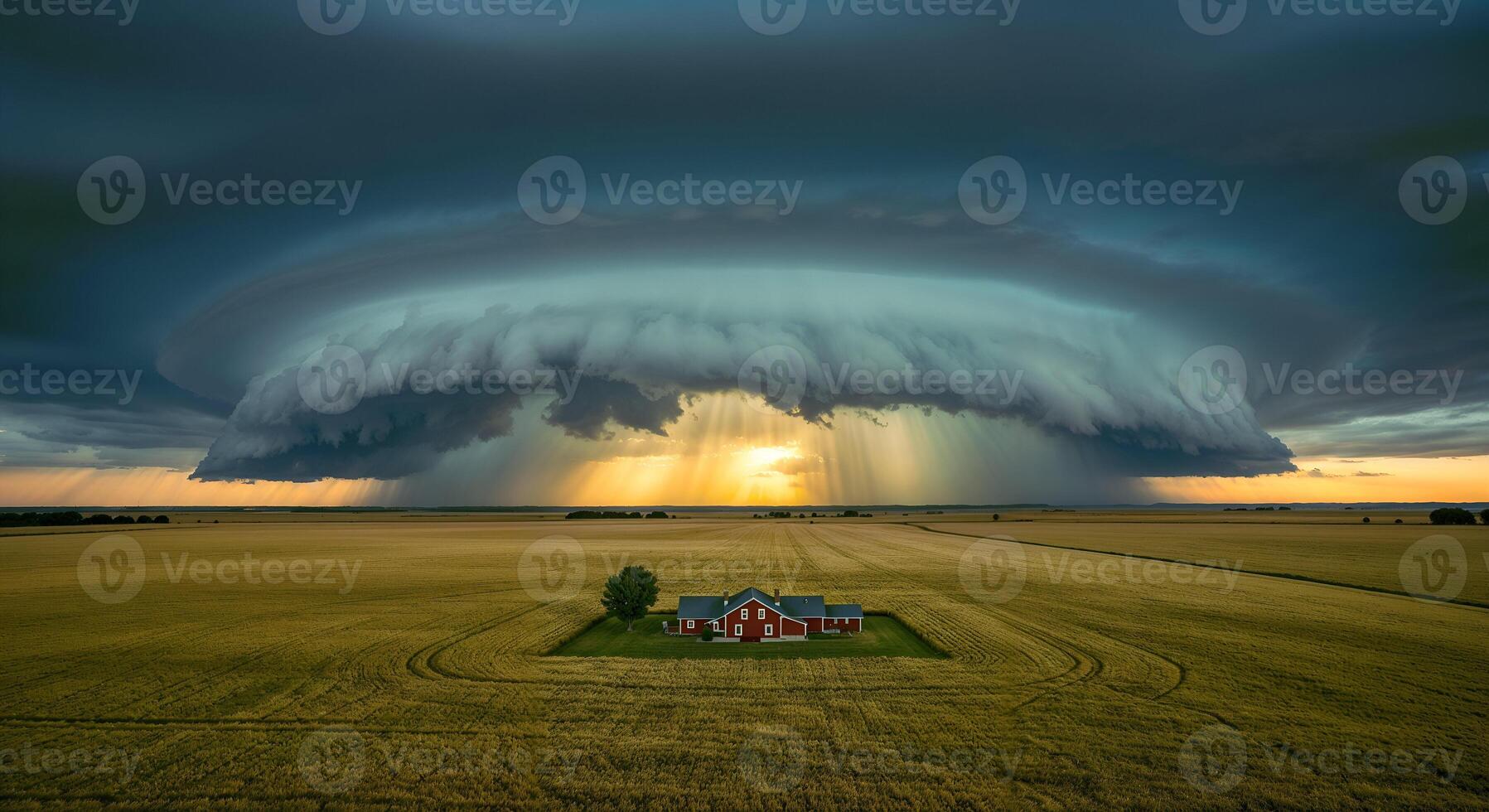Massive Supercell Cloud Formation with Lightning Over an Isolated Country Home photo