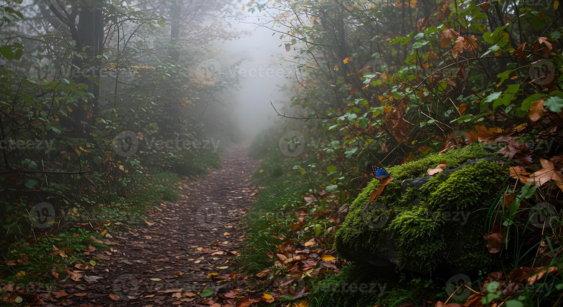 Serene Nature Walk Through a Fog Covered Forest With a Butterfly Resting on Moss photo