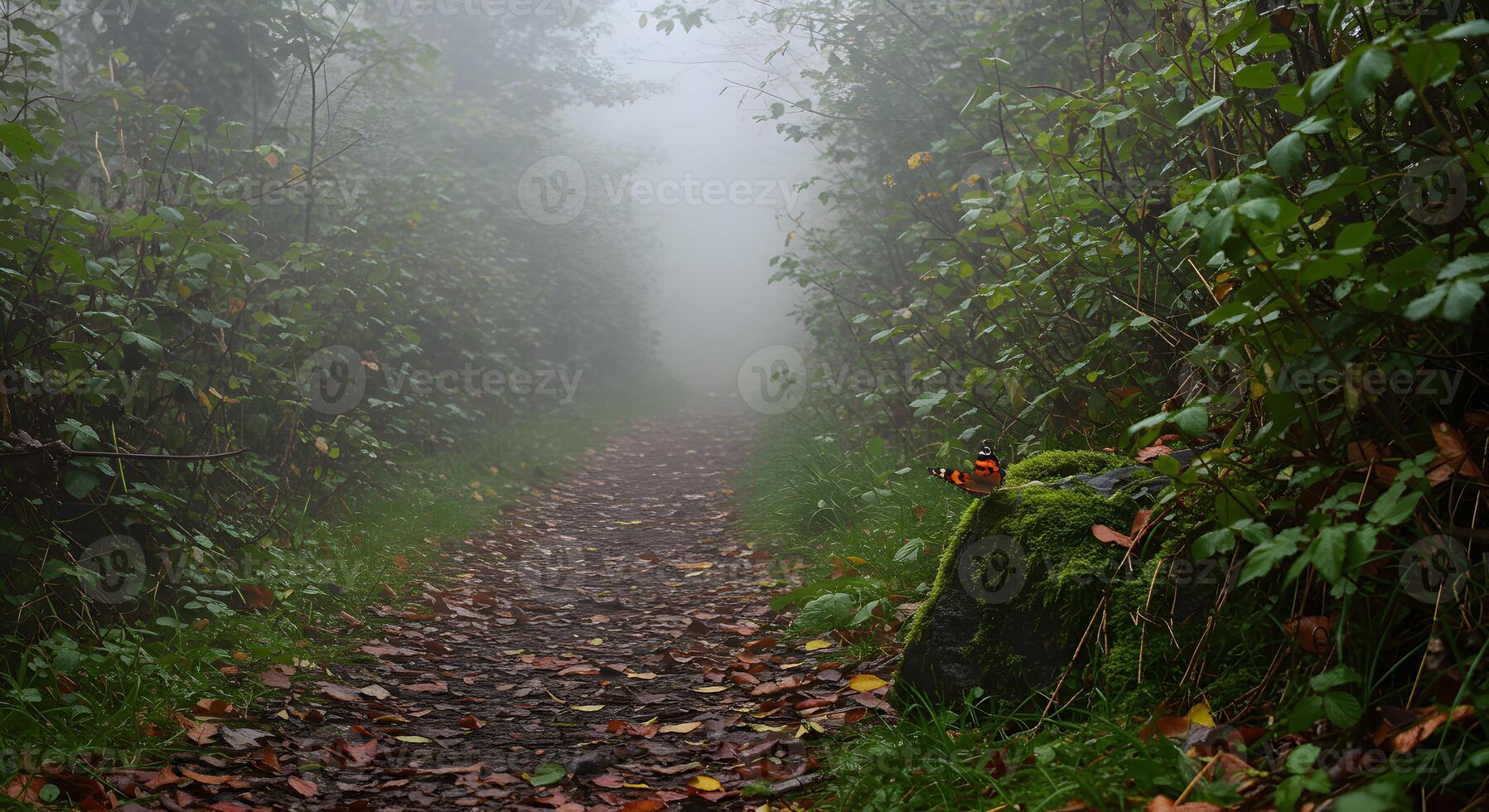 Enchanting Foggy Woodland Trail With Vibrant Autumn Foliage and a Butterfly Resting on Moss photo