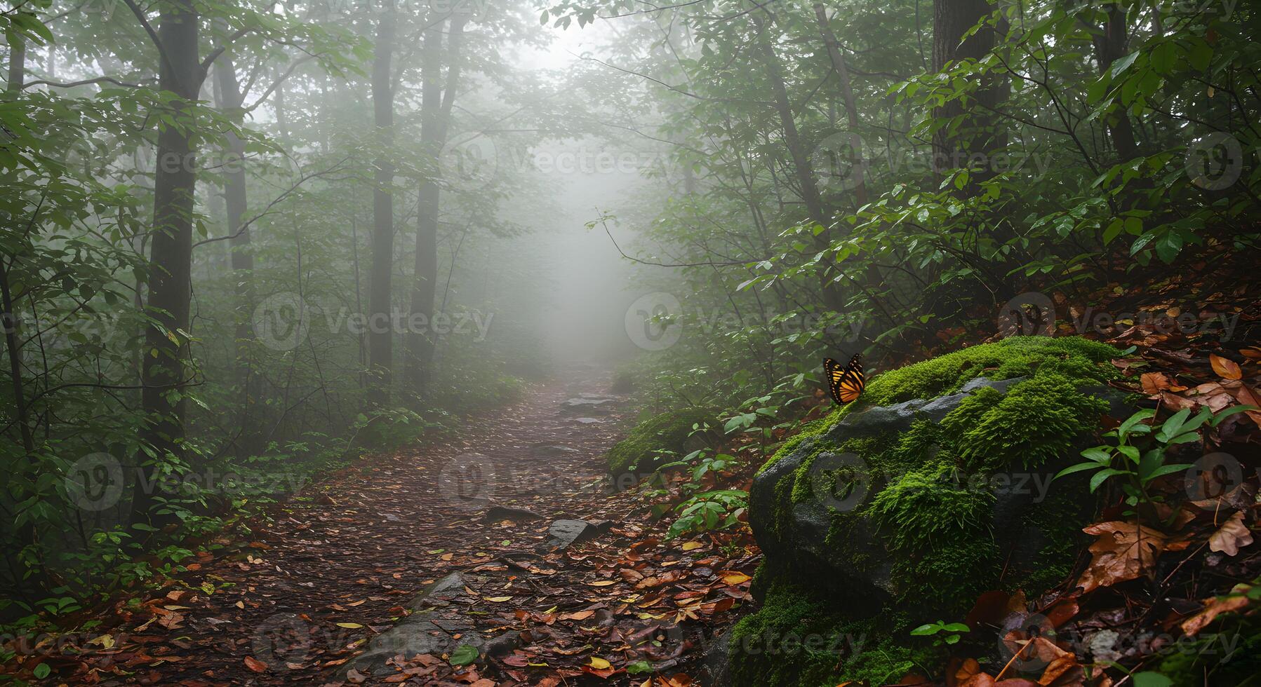 Misty Forest Path With Fallen Leaves and a Butterfly Resting on Moss photo