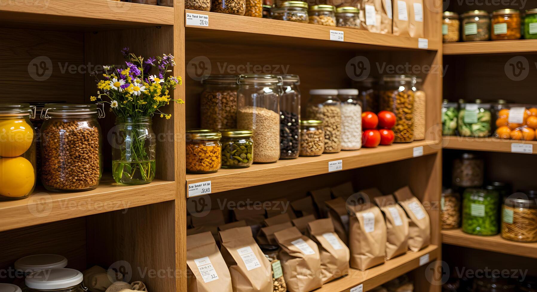 Organic grocery store shelves with bulk grains, legumes, and eco-friendly packaging photo