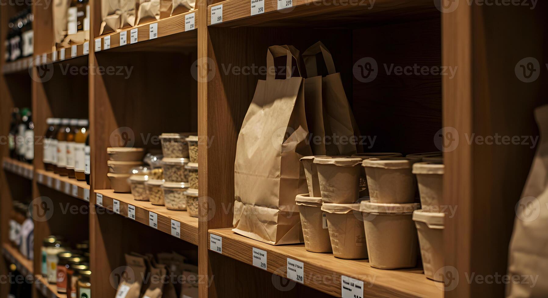 Zero-waste store shelves with eco-friendly paper packaging and bulk food containers photo