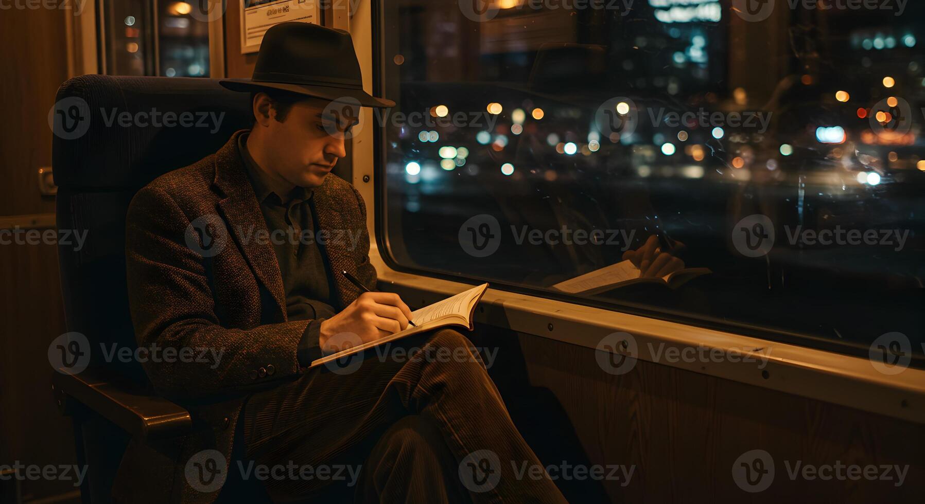 Man in a Classic Hat Writing in a Notebook on a Night Train photo