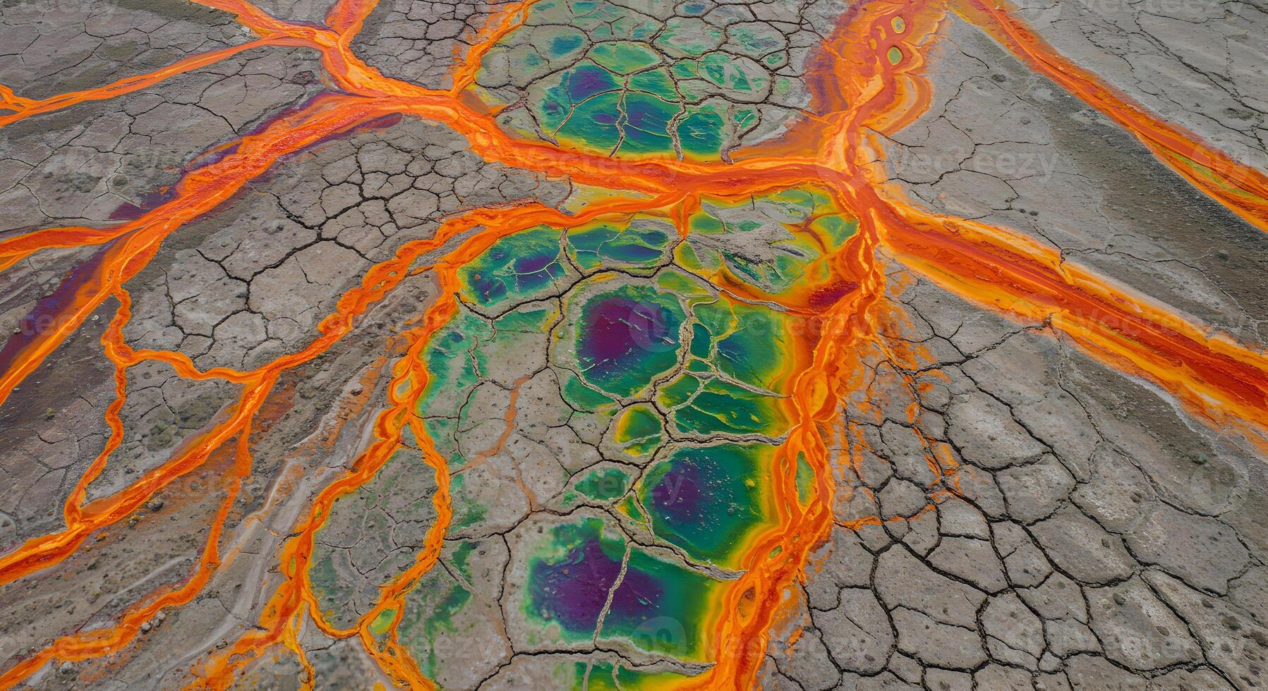 Aerial Abstract of Cracked Earth with Multicolored Mineral Deposits photo