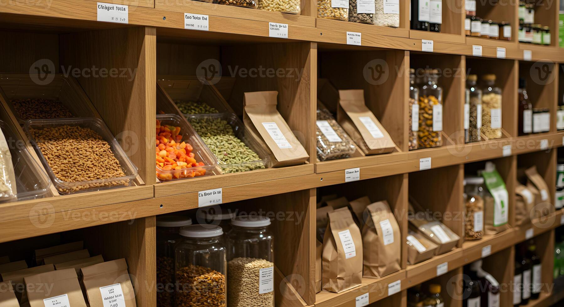 Natural market with fresh fruits, grains, and plastic-free packaging photo