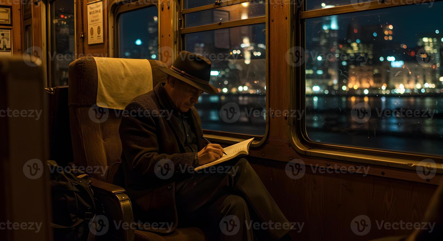 Mysterious Writer Capturing Thoughts on a Train Journey Through the City photo